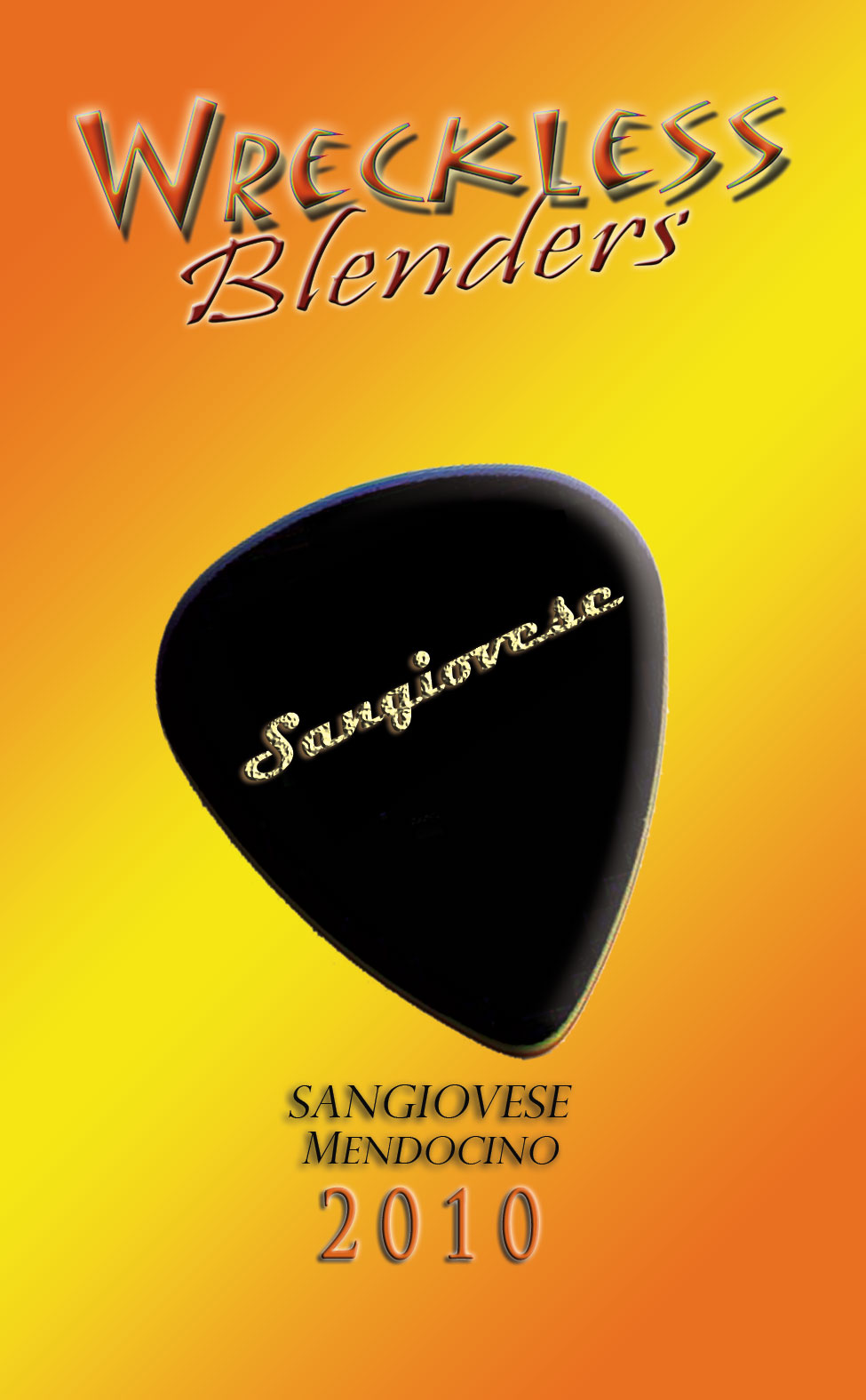 Retro label artwork for Wreckless Blenders 2010 Sangiovese, captioned The Gibson Sangiovese.
