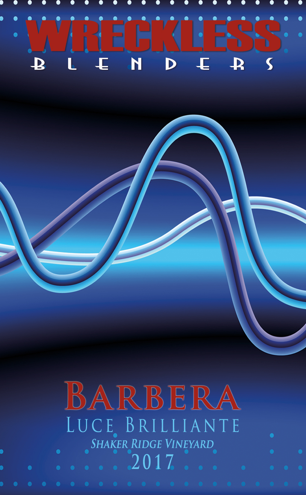 Front label artwork for Wreckless Blenders 2017 Barbera.