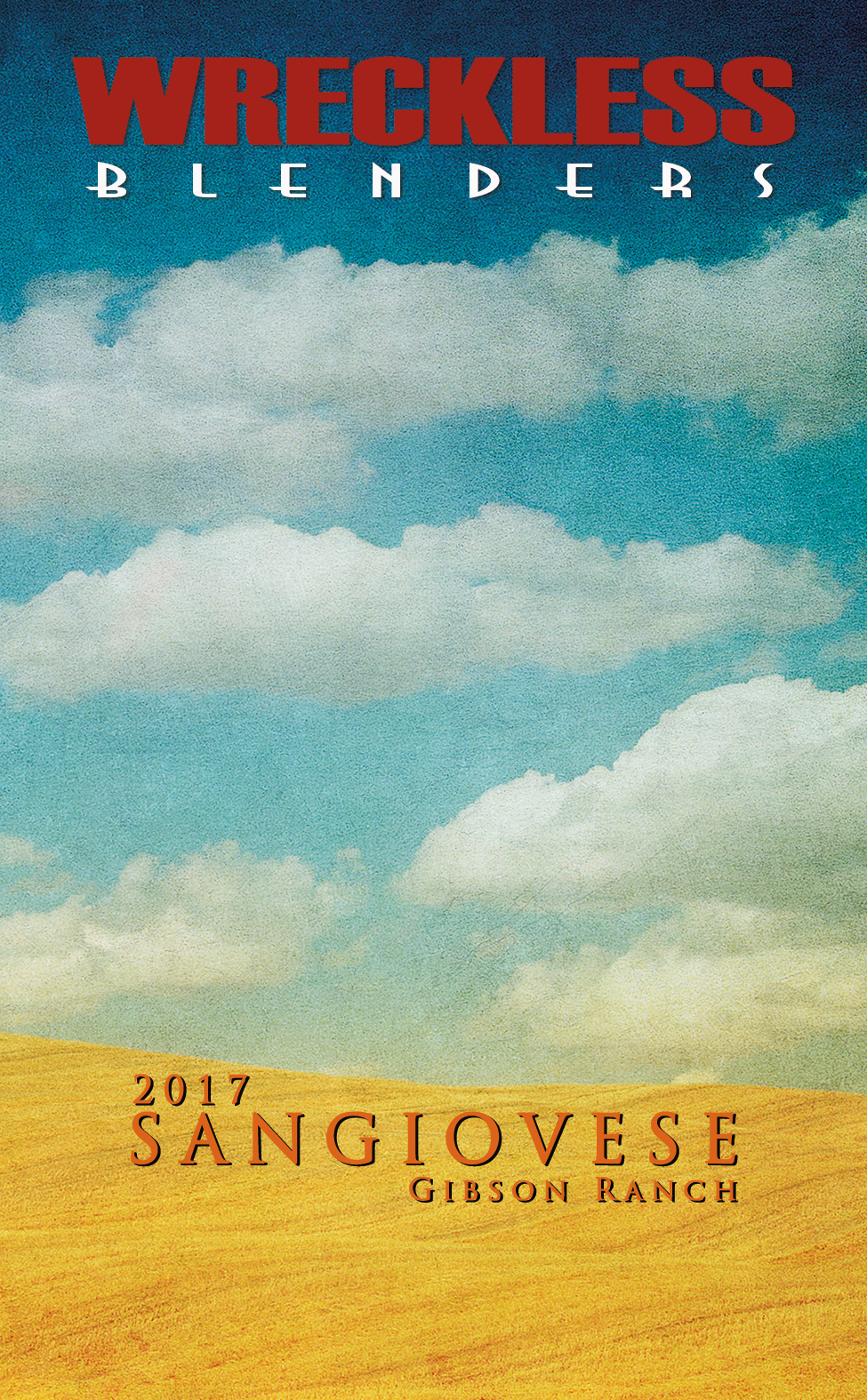 Front label artwork for Wreckless Blenders 2017 Sangiovese.