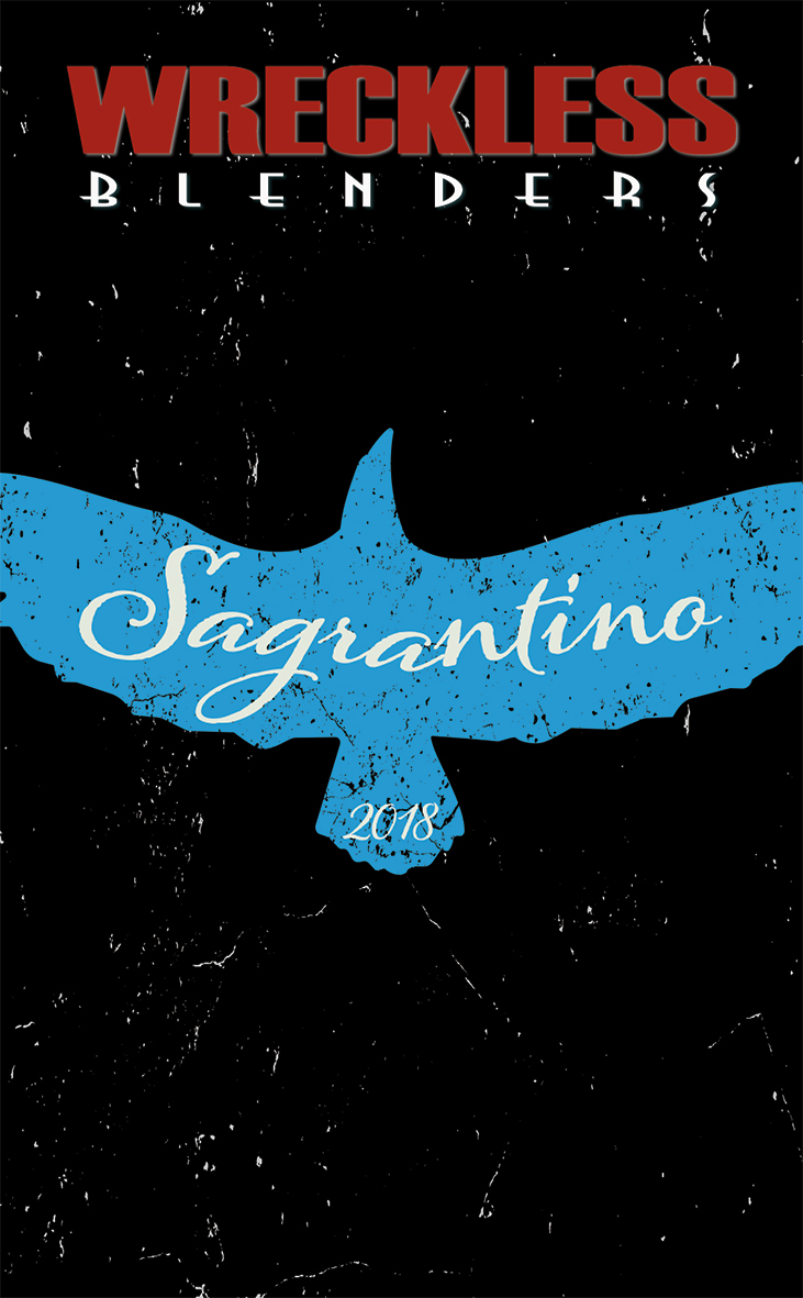 Label artwork for Wreckless Blenders 2018 Sagrantino, captioned Sagrantino and the Wild Tannins.